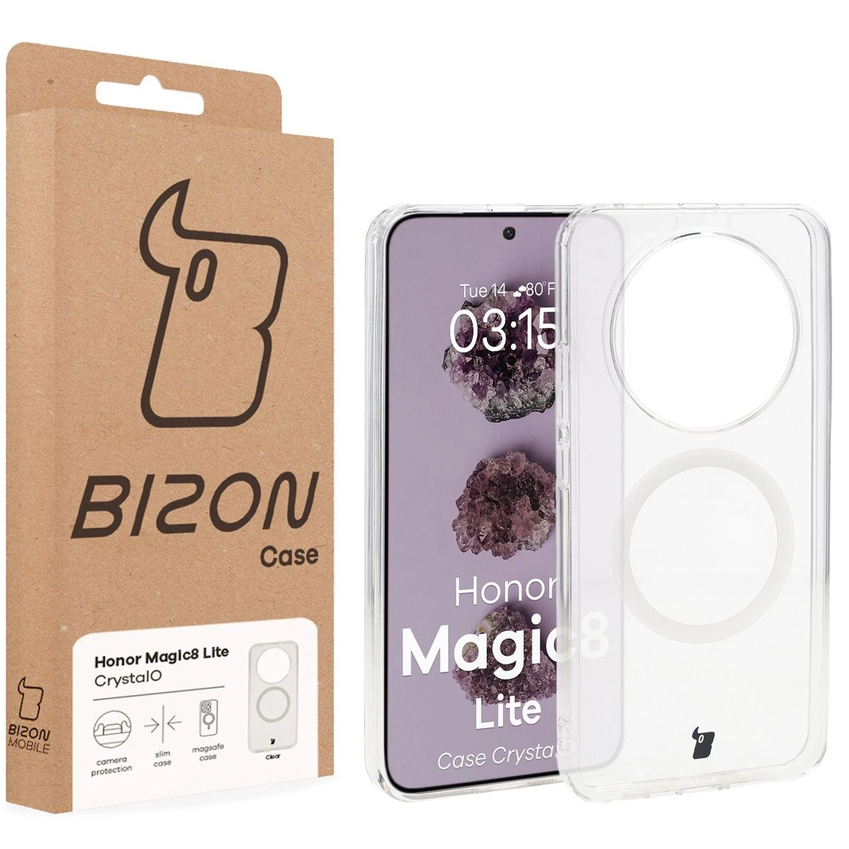 Przód pudełka Bizon Case z dedykowaną etykietą do Honor Magic8 Lite